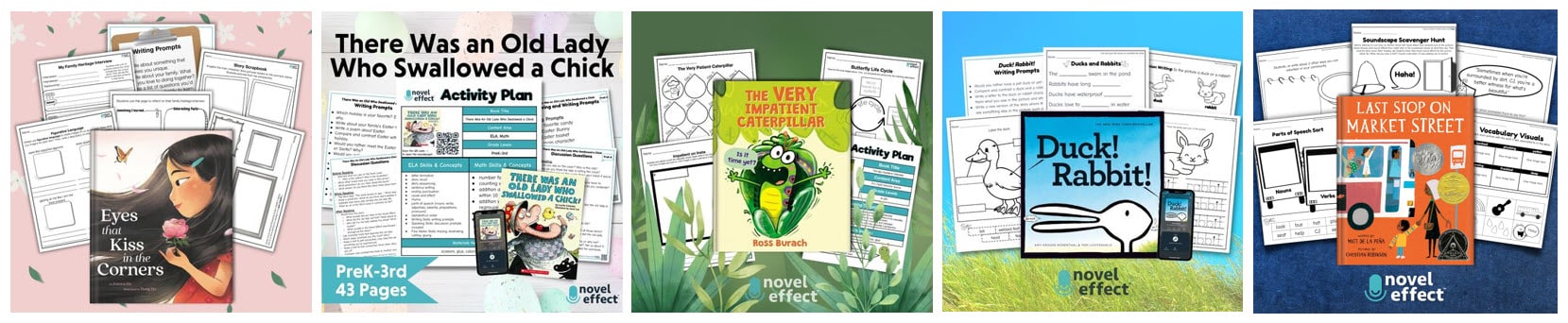 Pictures of 5 Books, each surrounded by a collection of worksheets and printables that go along with the books