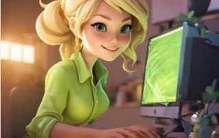 A smiling lady sitting at a desk in front of a lit computer screen.