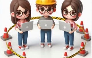 A group of 3 people on computers, and they are surrounded by a protective circle of cones and caution tape