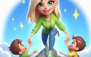 A woman at the top of a mountain, reaching out and helping two colleagues to lift them up